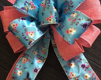 Floral Bird Tree Topper Bow: Pink and  Blue, Easter / Spring Decor