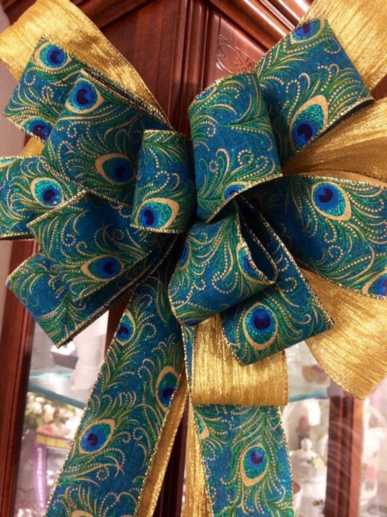 Christmas Peacock Tree Topper Bow Gold Feathers Turquoise Blue Etsy