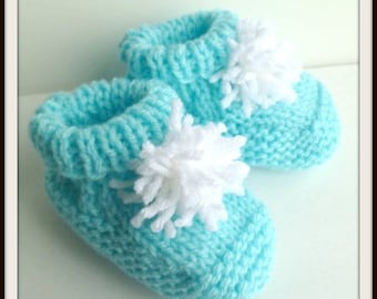 It’s a Boy Baby Soft Knitted Booties White Pom-Poms Aqua Blue Super Soft 3-6 Month Size Baby Shower Gift for Her