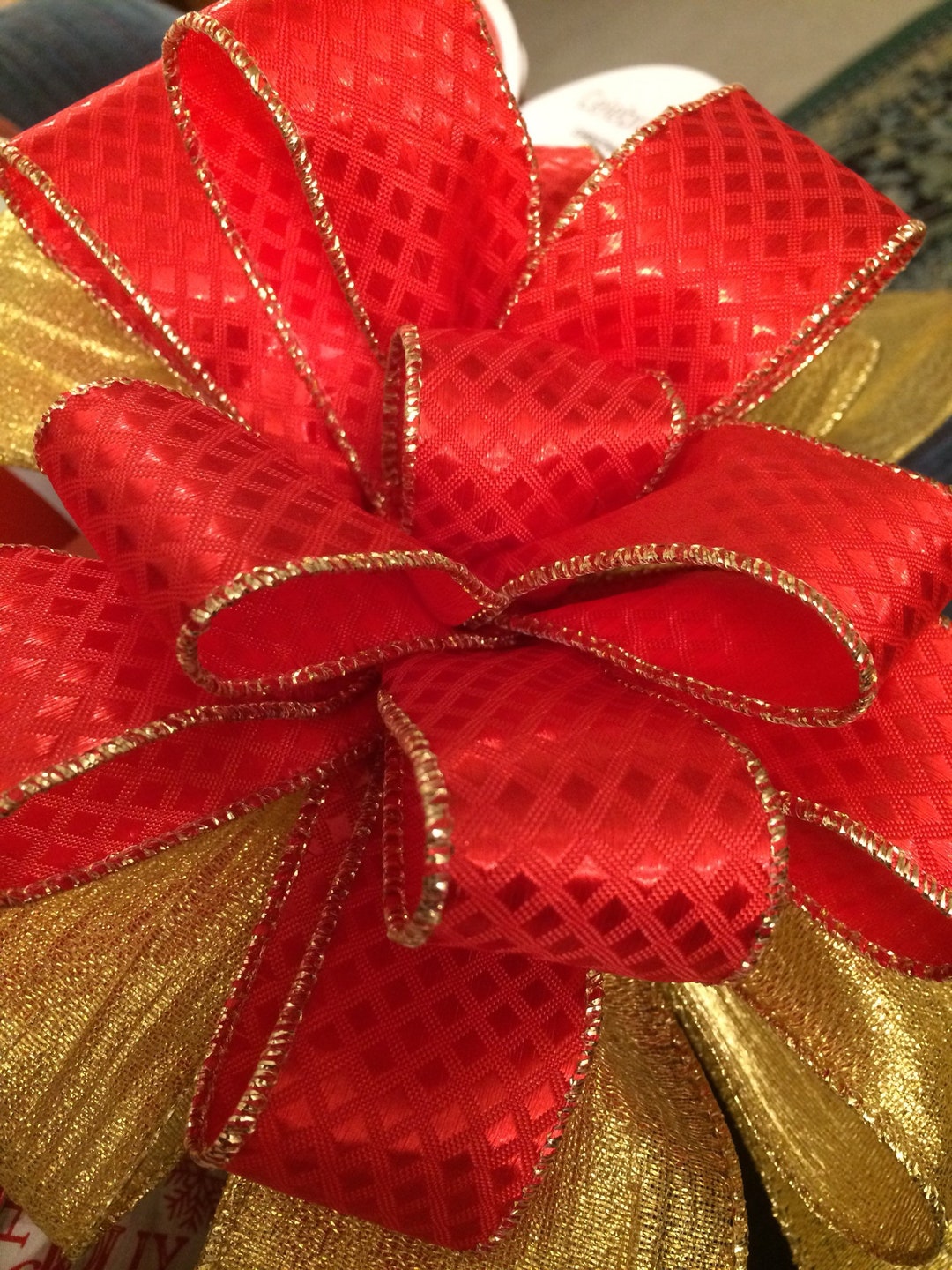 Red Tree Topper Bow / Red & Gold Bow for Christmas Tree / Bow With