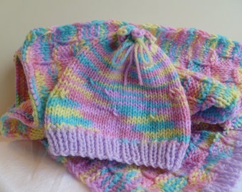 It's a Girl Gift Set / Knitted Blanket Super Soft Pink Yellow Caribbean Blue / Baby Cap / Handmade Gift for Baby Shower / Ready to Ship