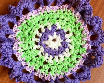 Crocheted Cotton Hotpad: Purple, Lavender, Lime Green, White Trivet