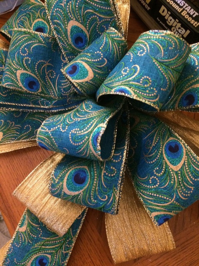 Christmas Peacock Tree Topper Bow Gold Feathers Turquoise Blue Etsy