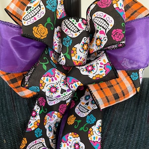 Halloween Tree Topper Bow Skull Big Purple Orange Black Pink White Turquoise Bow for Wreath Decor With long Streamers Gift for Her Handmade