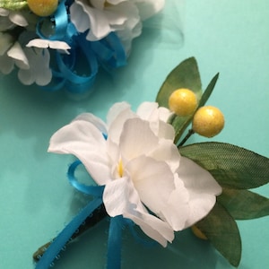 Blue & Yellow Corsage Boutonniere Set: Handmade Wedding Accessories