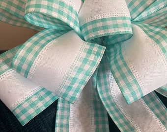 Spring Wreath Bow White & Teal Blue / Easter Décor / Checkerboard Print bow /  It’s a Boy / Bow for Baby Shower / Made with Love