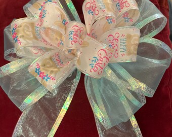 Easter Bunnies Bow For Wreath Spring Pastel Pink Blue Green Iridescent White Bow for Gift Basket Handmade Gift for Her Bubble Soap Colored