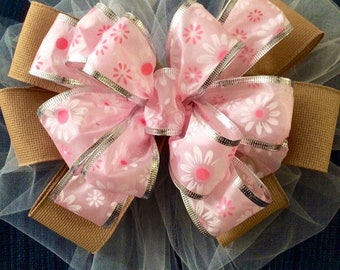 Pink Easter Bow / Tree Topper Bow / Pink Daisies / Bow for Wreath / It’s a Girl  / Bow for Baby Shower Décor /  Hamdmade Gift for Her