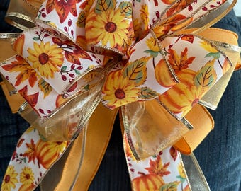 Fall Tree Topper Bow: Yellow Sunflowers, Pumpkins & Leaves