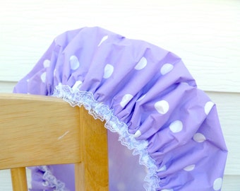 Waterproof Shower Cap Purple & White  Lavender Polka Dots / Gift for Bridal Shower / Mother’s Day Gift For Her / Easter Made with Love