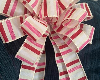 Pink, White and Red Striped Bow: Tree Topper, Wreath Decor