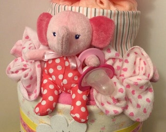 It’s a Girl Baby Cake Pink Elephant /  Diaper Cake Pink & White Daisy / Baby Shower Centerpiece Handmade Decor / Gift for Her