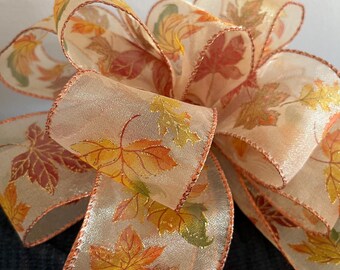 Maple Leaf Fall Bow: Handmade Sheer Ribbon, Thanksgiving Decor