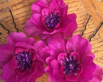 Magenta Pink  Daisy Flower Hair Pin Set: Handmade Bobby Pins