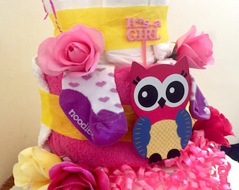Pink & Purple Owl Diaper Cake: Baby Shower Gift, It's a Girl