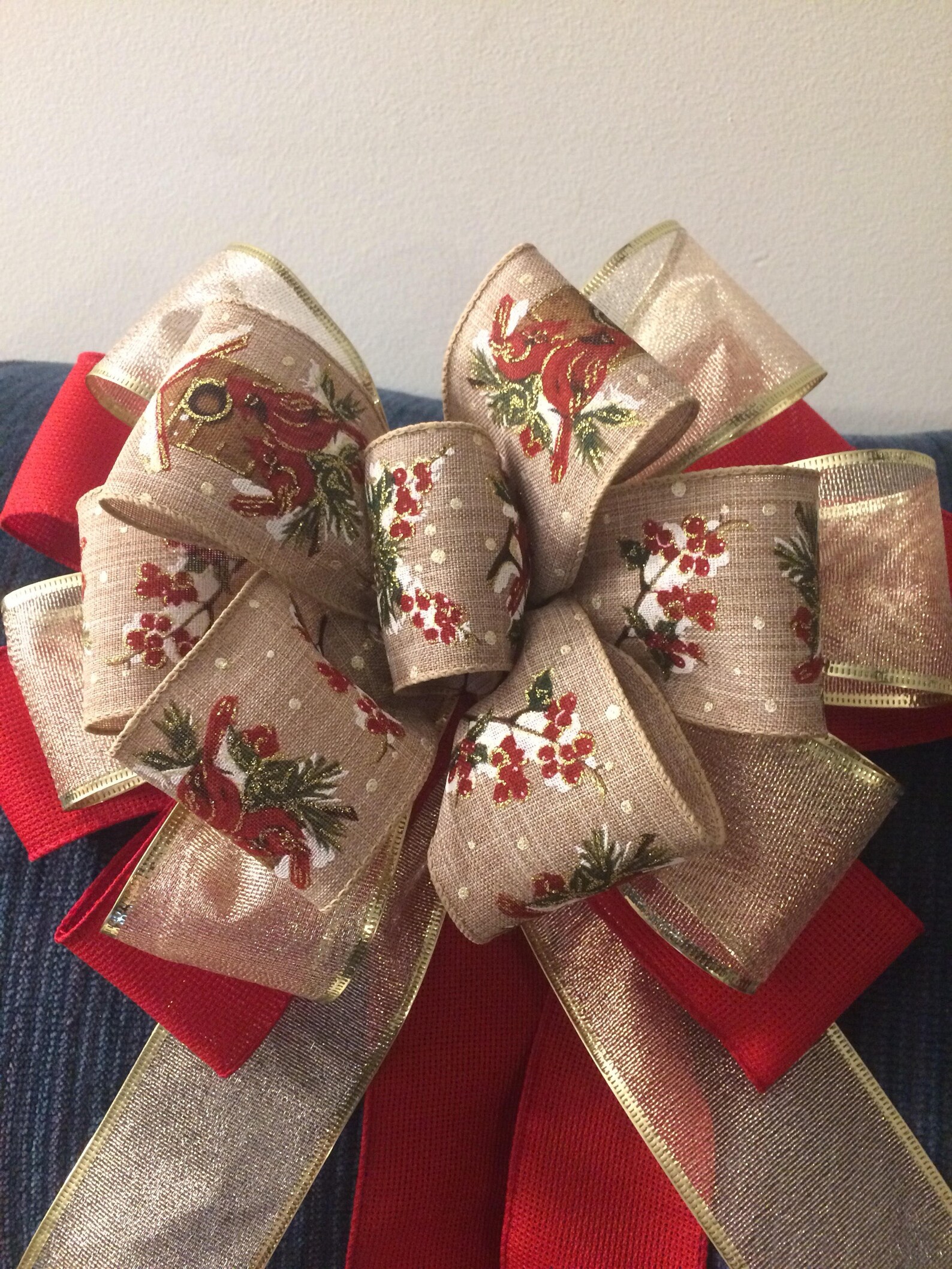 Tree Topper Bow Cardinal Bird Red Green Gold Burgundy Etsy