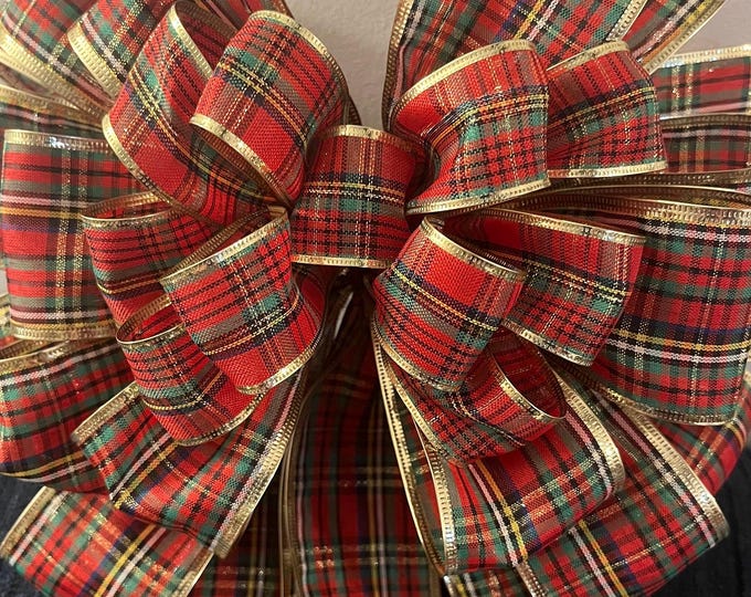 Plaid Red Bow Giant Tree Topper Bow Red Green Gold With Streamers / Bow ...
