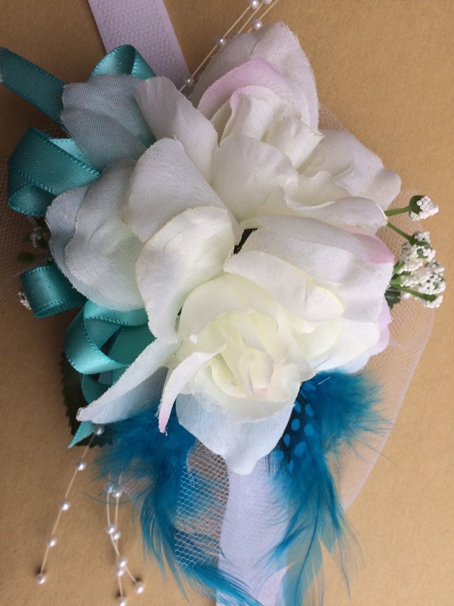 Gift for Her Wrist Corsage White Light Blue Turquoise Feathers | Etsy White And Baby Blue Corsage