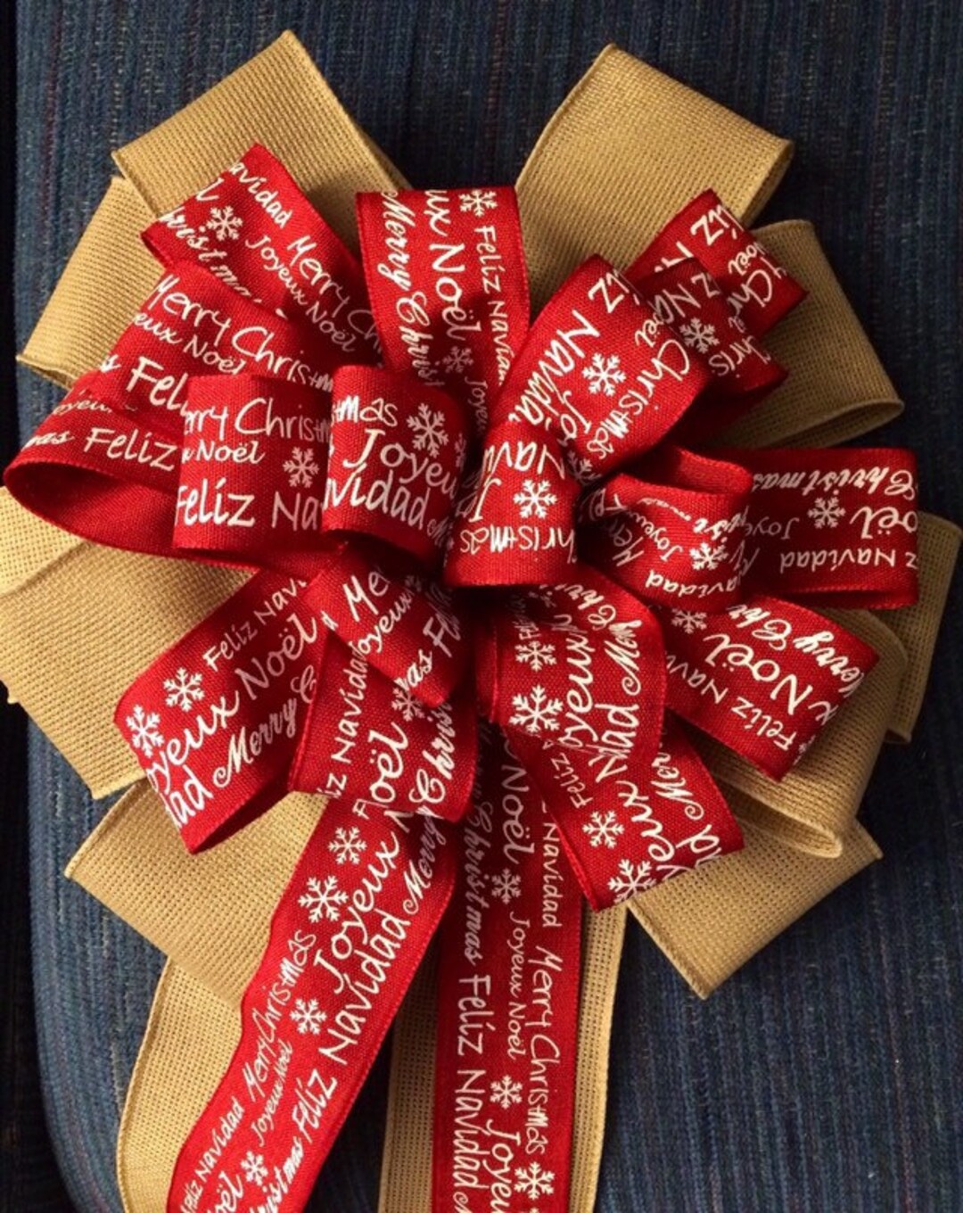 Red and White Tree Topper Bow / With Christmas Greetings Etsy