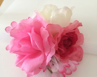 Pink & White Rose Wrist Corsage: Handmade Silk Flower Accessory