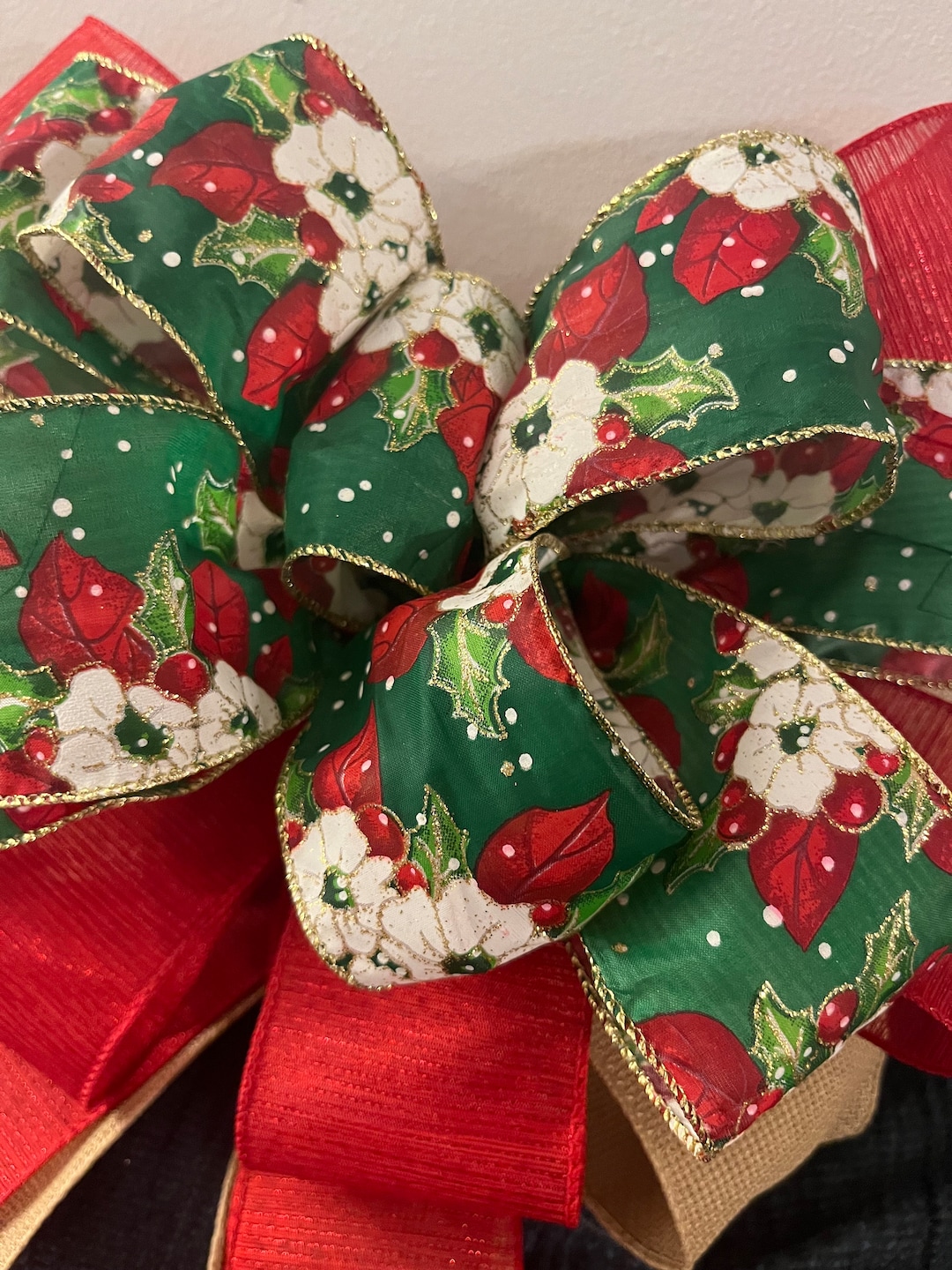 Red Tree Topper Bow Green White Amaryllis Bow With Streamers Handmade