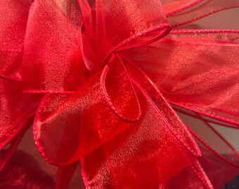 Tree Topper Bow with Streamers: Sheer Red, Patriotic Decor