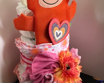 Orange & Pink Baby Cake / It’s a Girl Party Decor / Little Monkey Diaper Cake / Gift for Baby Shower / Gift for Her / Handmade gift for Baby