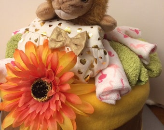 It’s a Girl Jungle Diaper Cake / Big Orange Daisy / Baby Lion Cake / Baby Shower Décor / Gift for Her