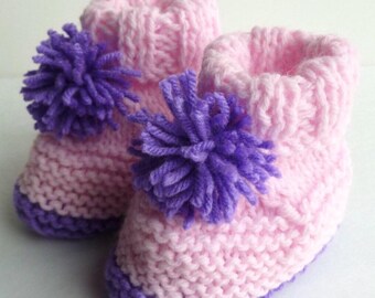 Pink and Purple Pom-Pom Baby Booties: Hand-Knitted 6-9 Month Size