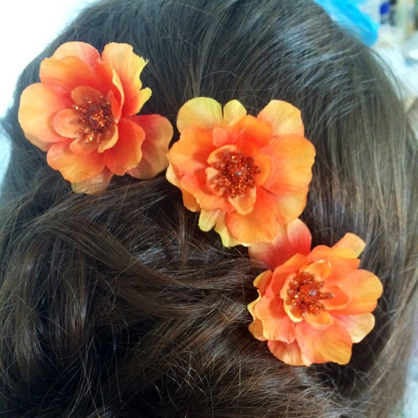 Hair Pin Set of 3 Vivid Orange Flower Handmade Bun Chignon Bobby Hair Pin Wedding Accessories Bridesmaid Flower Girl Gift for Her Prom