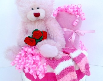 It's A Girl Pink Diaper Cake / Gift For Her / Gift for Baby Shower / Plush Pink Teddy Bear Party Décor