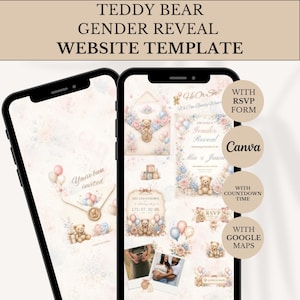 May include: A digital website template for a gender reveal event featuring teddy bear illustrations, pastel balloons, and floral accents. The screen displays text including TEDDY BEAR GENDER REVEAL WEBSITE TEMPLATE, He Or She, and RSVP, alongside a countdown timer.