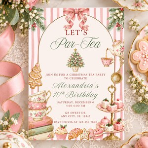 Invitación de cumpleaños con temática de fiesta de té navideña, lazo rosa "Lets Par-Tea", plantilla editable de Canva, descarga digital de 5x7 pulgadas.