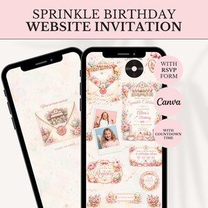May include: Two smartphones display a digital birthday invitation website with a pastel theme. The screens feature an envelope graphic, photos of a child, a countdown timer, and buttons labelled Click to Open, Registry, RSVP, and Google Maps.