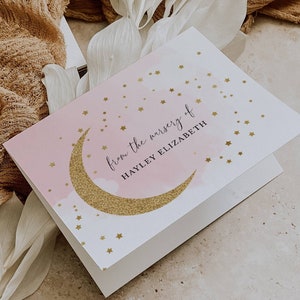 Carte de correspondance pliée de remerciement modifiable sur la lune, étoiles de lune scintillantes en or rose, modèle CORJL modifiable imprimable, téléchargement immédiat #703