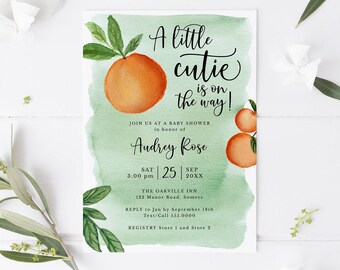 Little Cutie Baby Shower Editable Invitation, Cute Watercolor Oranges Clementine, Print or Text, Instant Download, CORJL Template #140