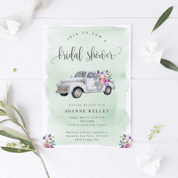Farm Truck Bridal Shower Editable Invitation, Country Style Flower Truck Shower Invite, Print or Text, Instant Download, CORJL Template 035
