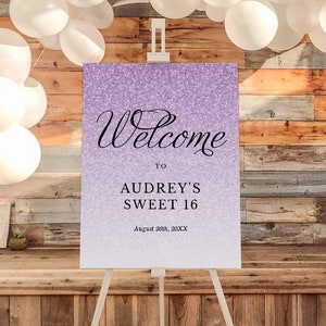 Cartello di benvenuto con glitter viola scintillanti modificabile, QUALSIASI EVENTO, 3 dimensioni, testo auto-modificabile, download immediato, modello Corjl n. 1432L
