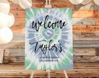 Blue and Green Spiral Tie Dye Editable Welcome Sign, Any Event Teen Kids Adult, 3 sizes, Self-Edit, Instant Download, Corjl Template  #253