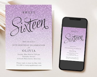 Purple Glitter Sweet 16 Editable Invitation-Fancy Script, 16th Birthday Girl Glitter-Print or Text, Instant Download, Corjl Template 1432L