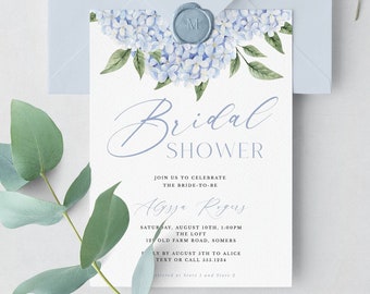 Blue Hydrangea Bridal Shower Editable Invitation, Blue Flowers, Self-Edit Text, Instant Download, Print/Text, CORJL Template -428