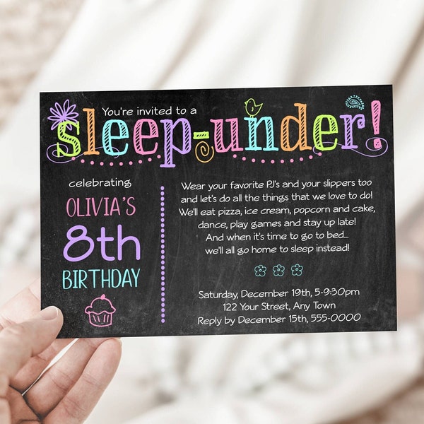Sleep Under Editable Girl Birthday Party Invitation Any Age Chalk Letters 4x6 & 5x7, Print or Text, Instant Download, Corjl Template #5504