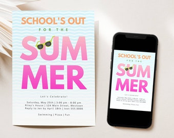 School's Out for the Summer Editable Invitation Pink Ombre & Sunglasses Kids Teen Print or Text Instant Download Corjl Template-069