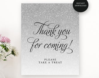 Silver Glitter Party Favor Treat Sign, Thank You for Coming, Print at Home 8 x 10" Table Sign, Poster, Digital File Printable pdf #2127