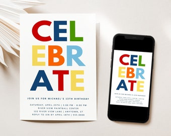 Celebrate Birthday Invitation Rainbow Letters-Self-Edit-ANY AGE or Color, 4x6 5x7, Print/Text, Instant Download,Corjl Editable Template-084