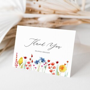 Modèle de carte de correspondance pliée Merci aquarelle fleurs sauvages modifiable, taille A2-4,25 x 5,5" auto-édition, modèle CORJL téléchargement immédiat # 182