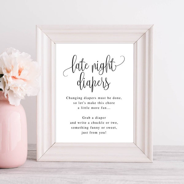 Late Night Diapers, Baby Shower Game Activity, Script Calligraphy, Black and White Gender Neutral Printable File, Instant Download #916