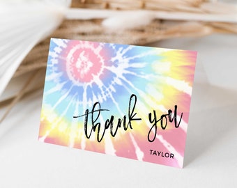 Rainbow Tie Dye Editable Thank You Folded Note Card Template, Personalize, Self-Edit, CORJL Template Instant Download 252