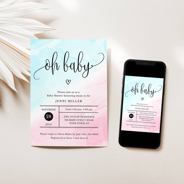 Pink and Blue Baby Shower Editable Invitation, Oh Baby Gender Neutral, Reveal, Instant Download, Print or Text, CORJL Template 1233