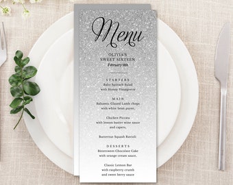 Editable Silver Ombre Glitter Menu, Edit Text for Any Event-Shower Wedding Birthday, Instant Download, CORJL Template #2127